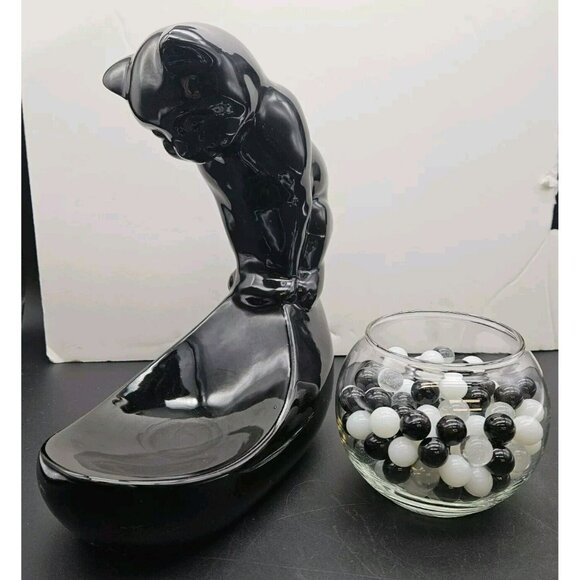 Vintage Haeger Black Ceramic Cat With Glass Fish Bowl With Marbles - Picture 8 of 11